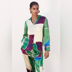 Zara Sz S Mulberry Silk Multicolor Patchwork Print Blouse Shirt limited edition